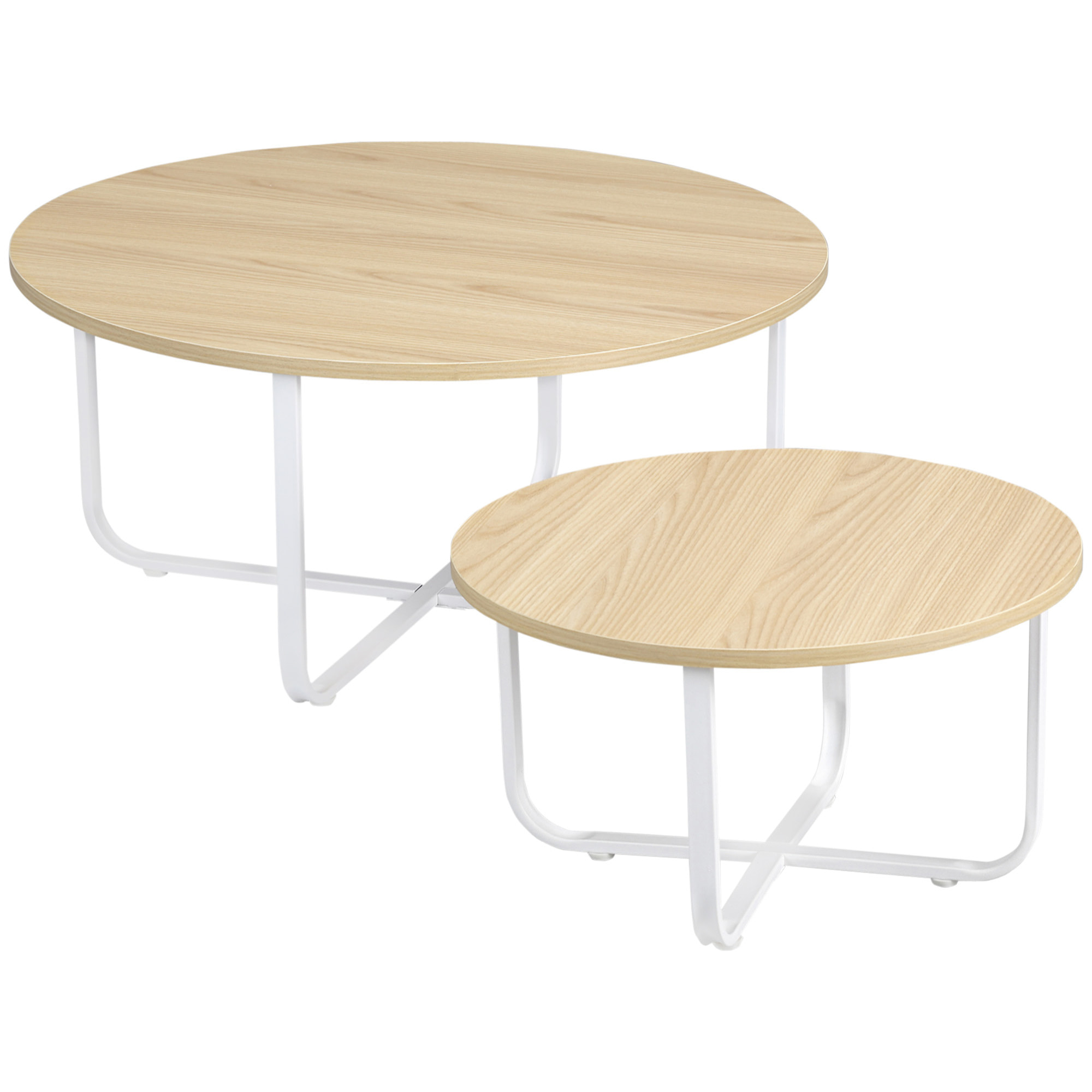 HOMCOM Juego de 2 Mesas de Centro Ø65x32 cm y Ø45x26 cm Mesas de Salón Redondas con Encimera de Madera y Patas de Metal para Domitorio Natural y Blanco