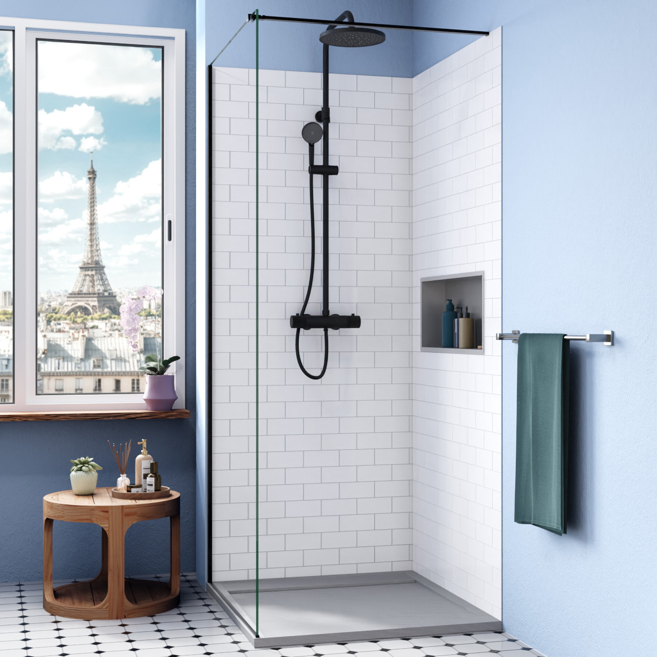 Porte coulissante 90x90 + receveur gris avec siphon (HCB-ALD15G-9090)