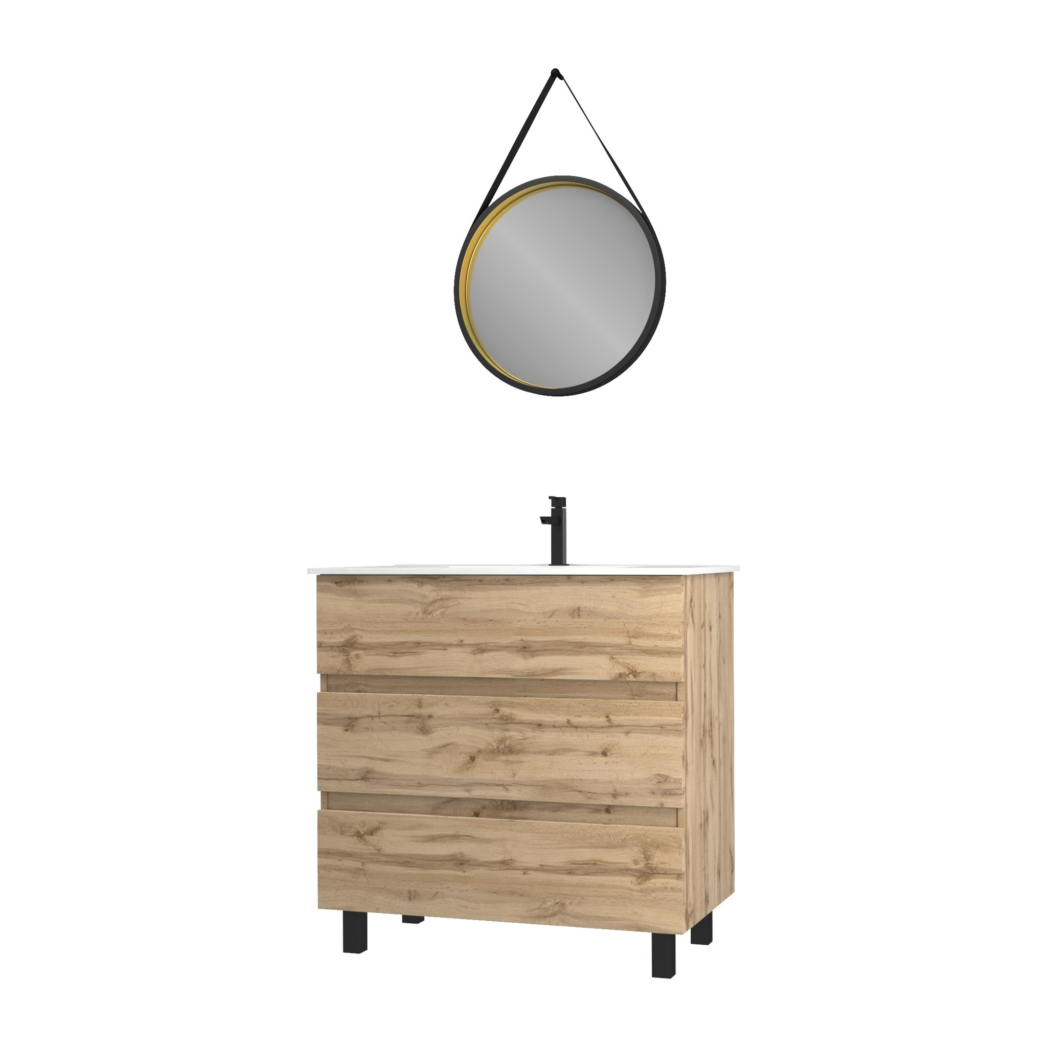 Pack Meuble SDB 80cm sur pieds 3 tiroirs Chene_Vasque blanche + Miroir Barber - TIMBER 80_Pack48