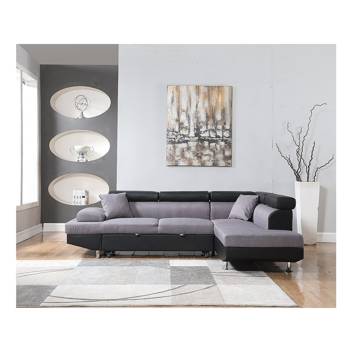 Canapé d'angle convertible "Sophia luxe" - 265 x 190.5 x 80/91 cm - Noir / Gris - 5 places - Angle droit