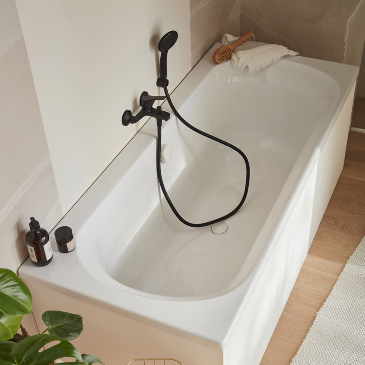 Baignoire droite 170 X 75 Elise acrylique + pare bain volet gauche + tablier en angle + vidage