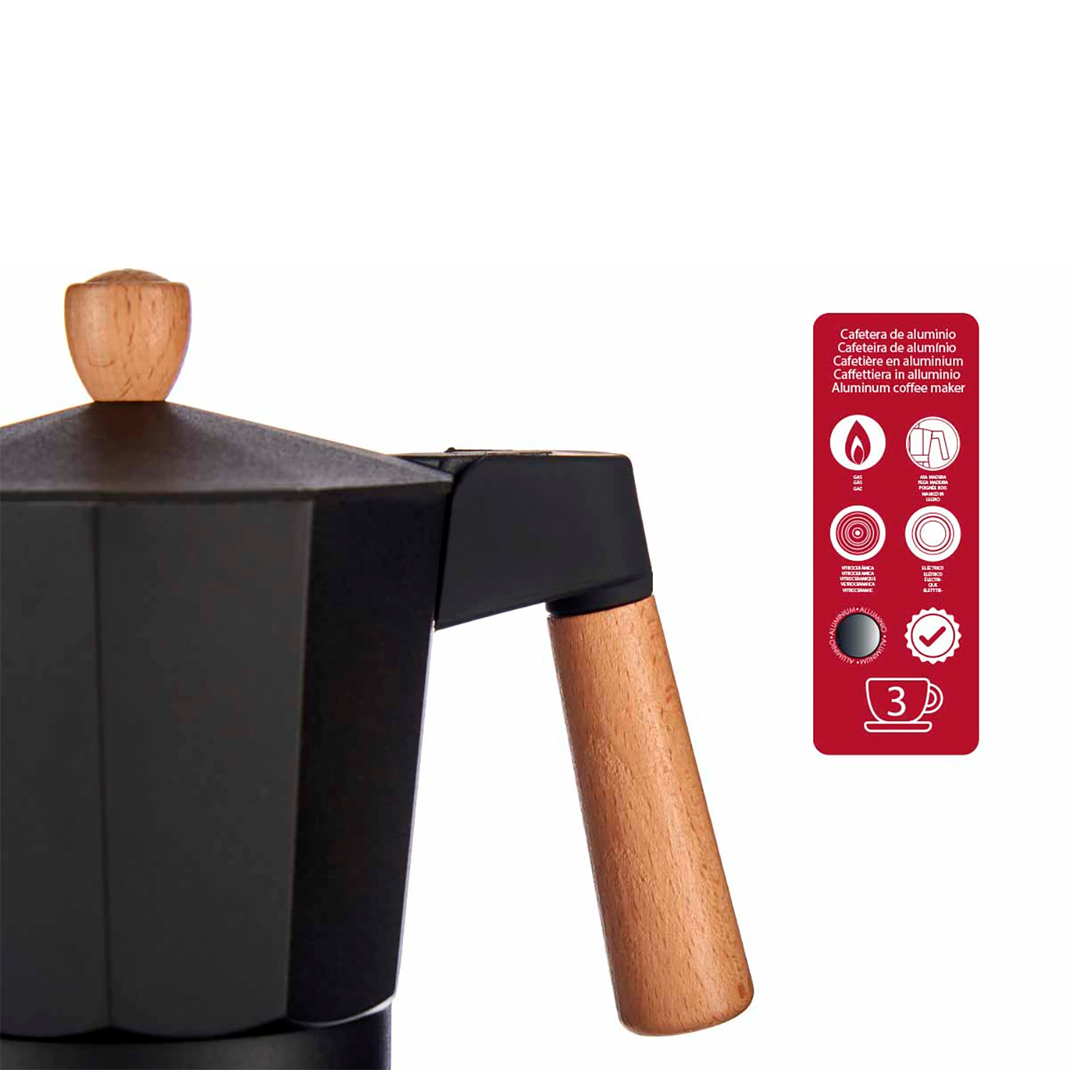 CAFETERA ALUMINIO 3 TAZAS NEGRA ASA MADERA