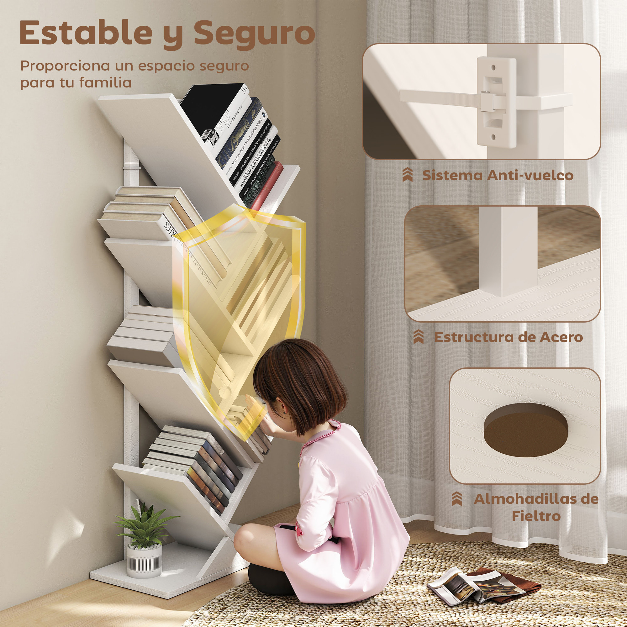 Librería en Forma de Árbol de 7 Niveles, Estantería de Libros con 7 Estantes, Estructura de Acero, para CD, DVD, Álbumes, Sala de Estar, Oficina, Estudio, Dormitorio, 50x24x109 cm, Blanco