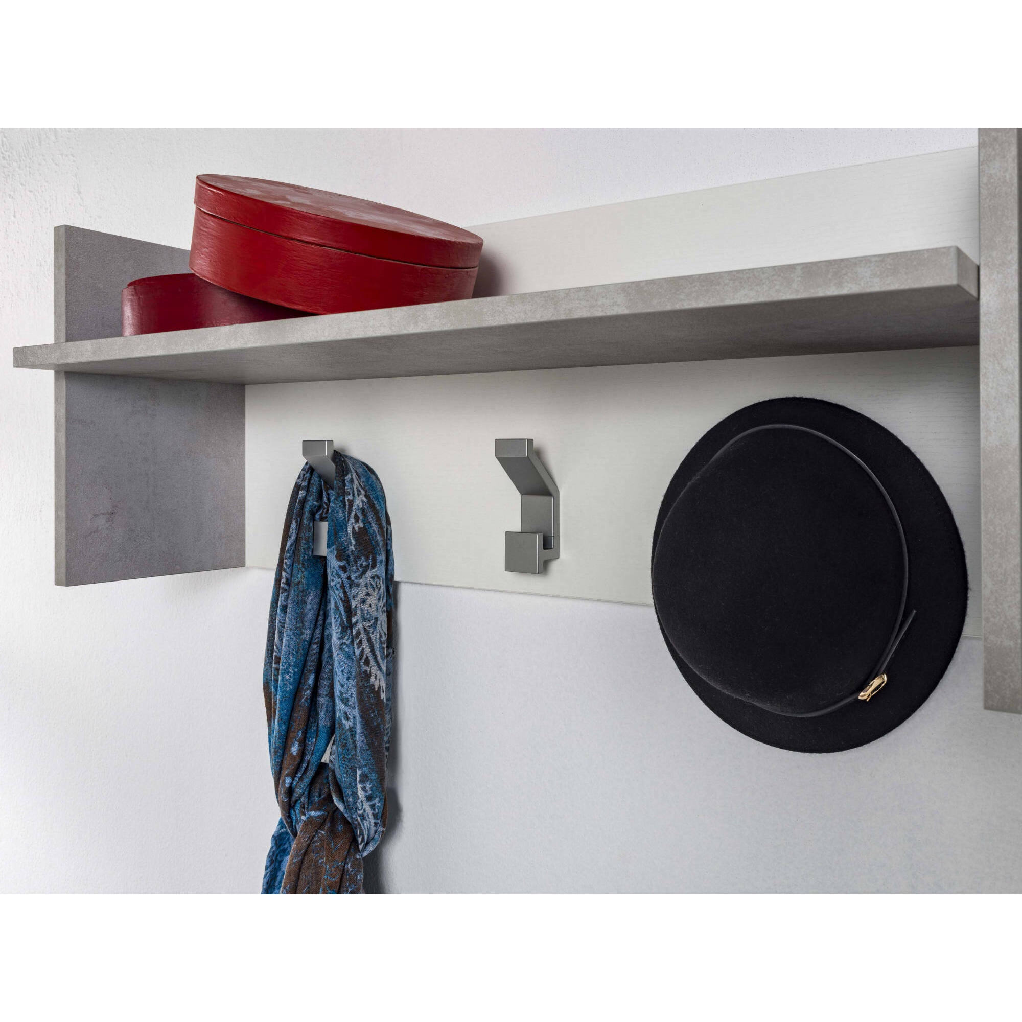 Mobile da ingresso Angry, Mobile appendiabiti con 3 ganci, Mensola portaoggetti da ingresso, 100% Made in Italy, 90x29h34 cm, Bianco e Cemento