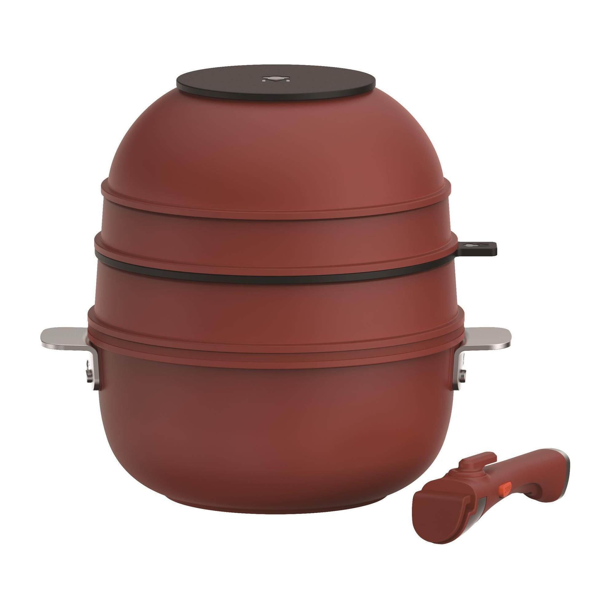 MasterPRO Share & Play Batería de cocina apilable de 10Pcs, Color Rojo, Mango extraíble, Aluminio fundido, Revestimiento cerámico, Control térmico