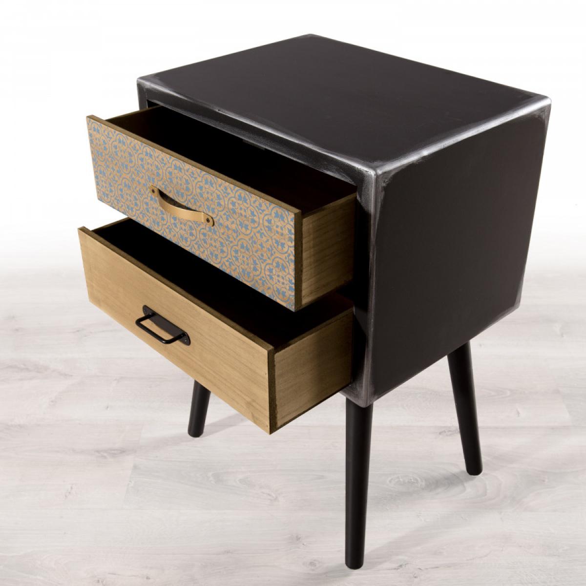ROMAIN - Chevet noir 2 tiroirs marrons motifs Pin