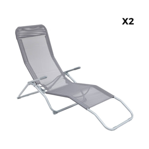 Lot de 2 bains de soleil pliants - Levito Gris Anthracite - Transats textilène 2 positions. chaises longues