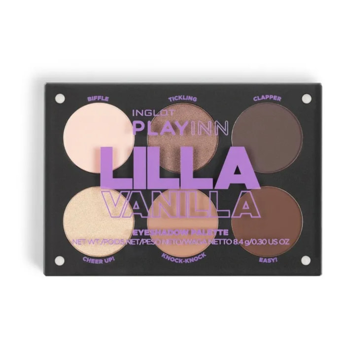 INGLOT Playinn Lilla Vanilla Eyeshadow Palette, Paleta de sombras tonos calidos mate y con brillo nude en tonalidades marrones claros con destellos dorados. 8,4gr