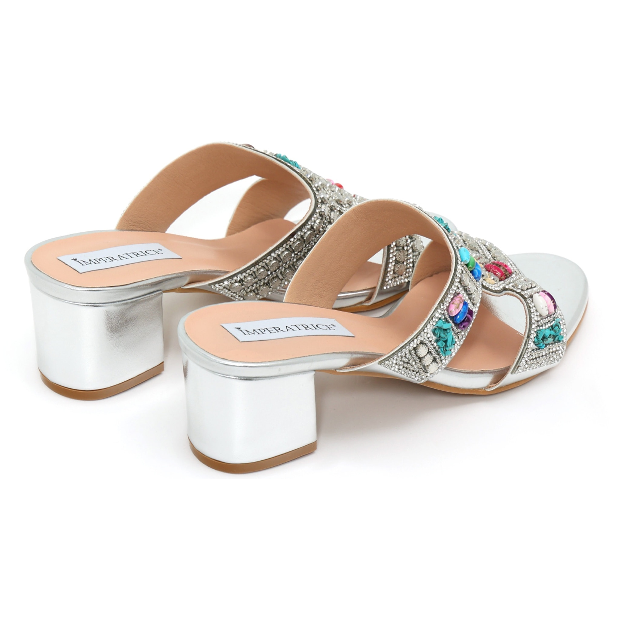 Sandali in simil pelle con tacco comodo ed applicazione di strass e pietre