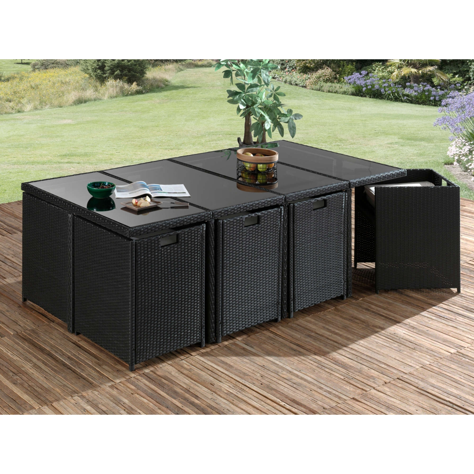 Fira - Salon de jardin encastrable 12 places - en résine tressée - Noir avec coussins gris + housse de protection - Noir / Gris