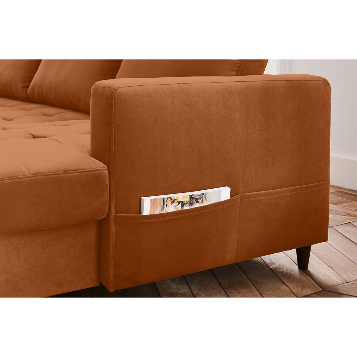 Anna - canapé panoramique d'angle gauche - 7 places - convertible avec coffre - en velours - Rouille