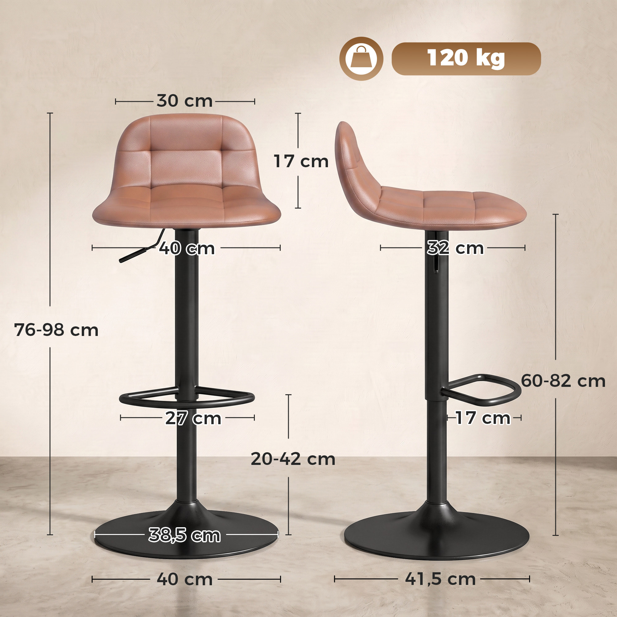 Juego de 2 Taburetes Altos de Cocina Giratorios 360°, Taburetes de Bar Regulables en Altura de 76-98 cm, con Respaldo Acolchado, Reposapiés, Tapizados en Cuero Sintético, Marrón Oscuro