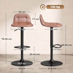 Juego de 2 Taburetes Altos de Cocina Giratorios 360°, Taburetes de Bar Regulables en Altura de 76-98 cm, con Respaldo Acolchado, Reposapiés, Tapizados en Cuero Sintético, Marrón Oscuro