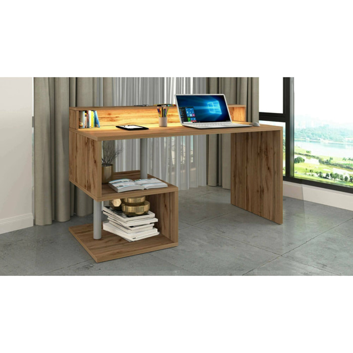 Scrivania Yemyin, Scrittoio lineare con ripiani portaoggetti e luci LED, Scrivania ufficio multiuso con sopralzo, 140x60h93 cm, Rovere