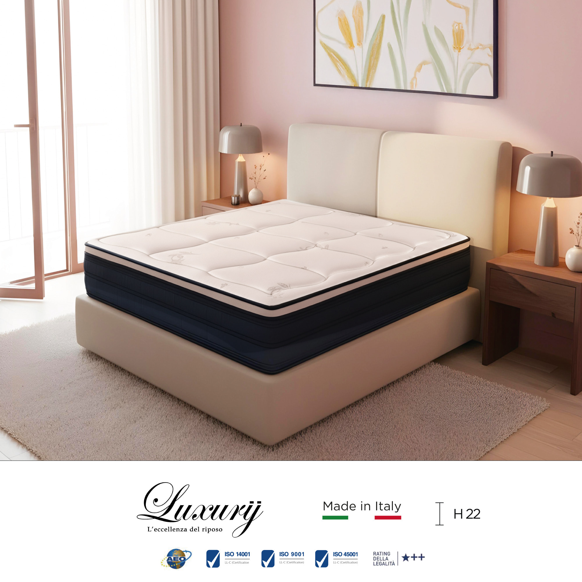 "Roma" H22 cm 90x190 guanciale Memory OMAGGIO 2cm memory foam