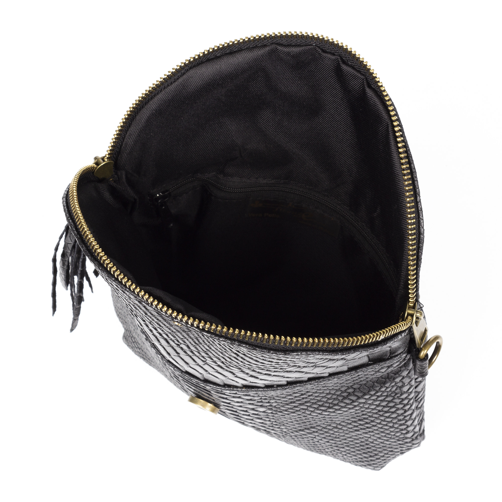FIRENZE ARTEGIANI Ancona Borsa a tracolla da donna Vera pelle scamosciata stampa serpente Made in Italy 23x4x19 Cm. Colore nero