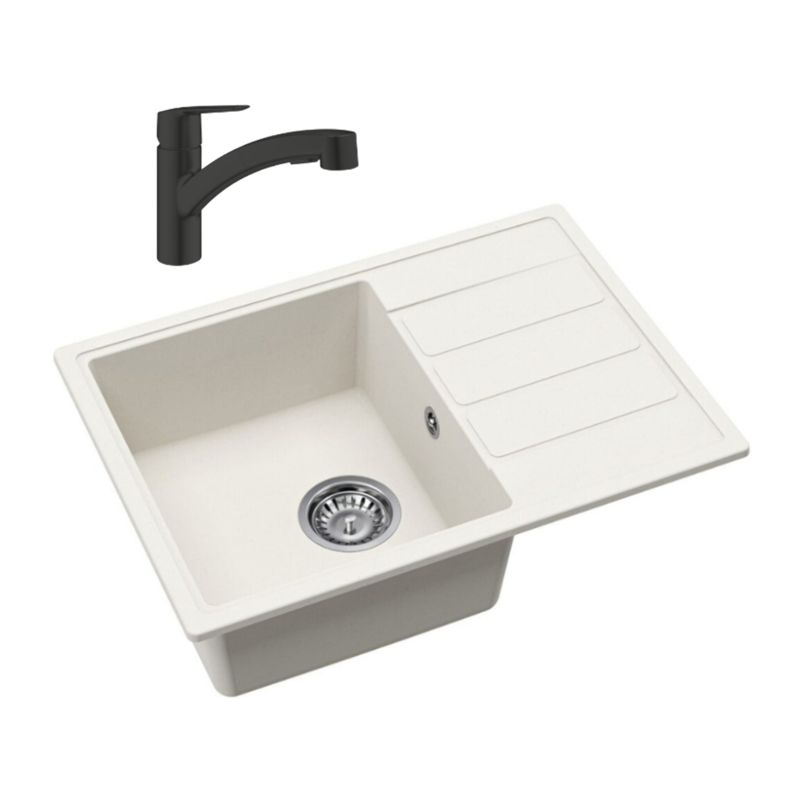 62x44 cm kit évier avec égouttoir réversible en Granite, à encastrer, blanc + mitigeur de cuisine Grohe Start (SATSE2WG303)