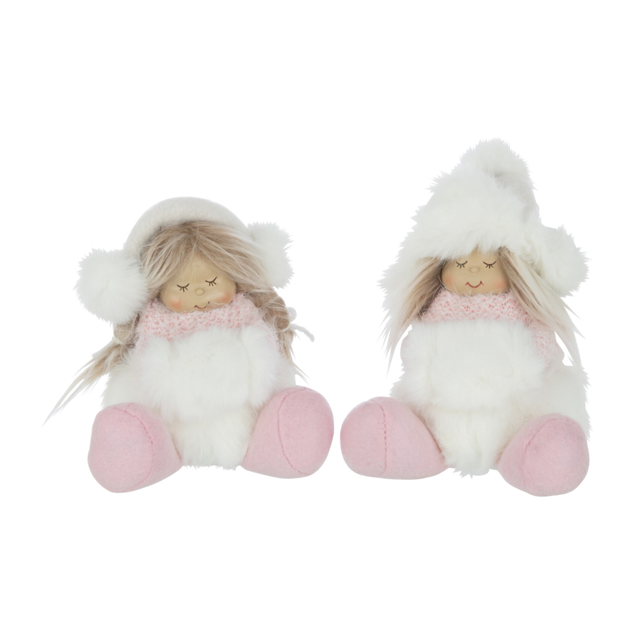 J-Line figurine Filles Assises Chapeau Fourrure - polyester - blanc/rose - 2 pcs