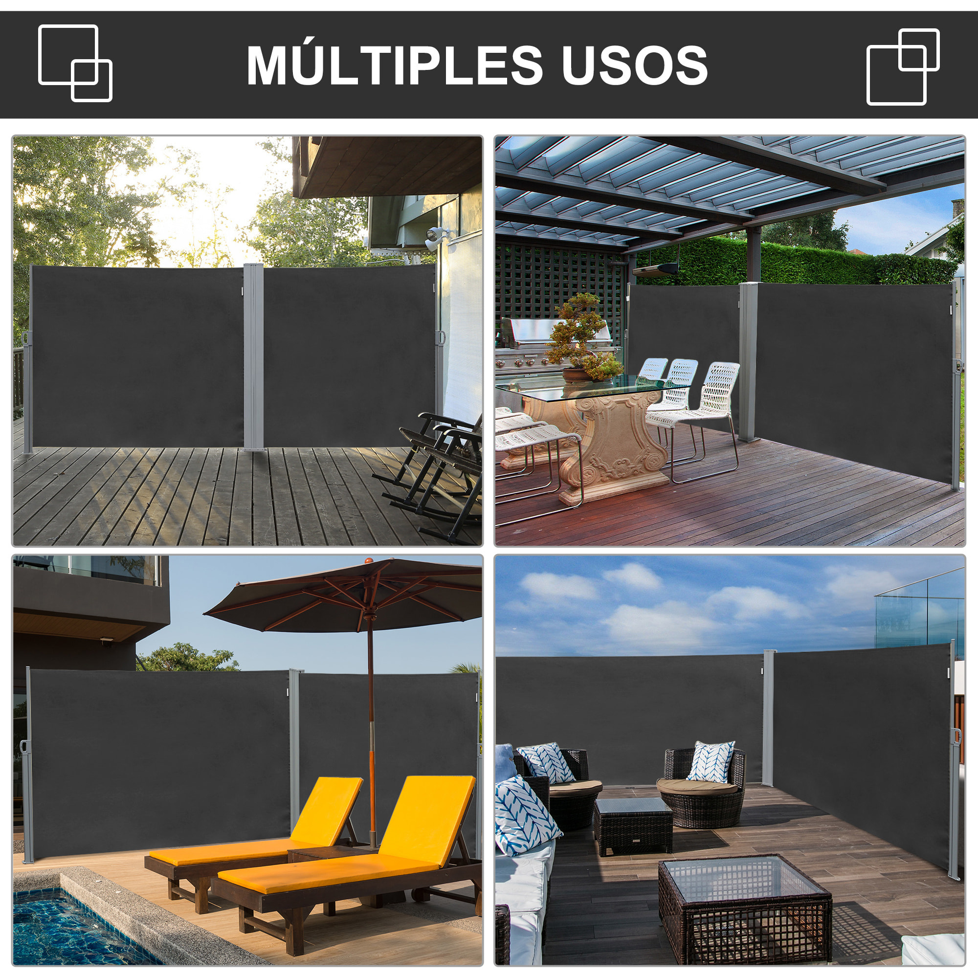 Toldo Lateral Retráctil 300x180 cm Pantalla Enrollable Mampara de Privacidad y Protección Solar para Jardín Balcón Terraza Gris