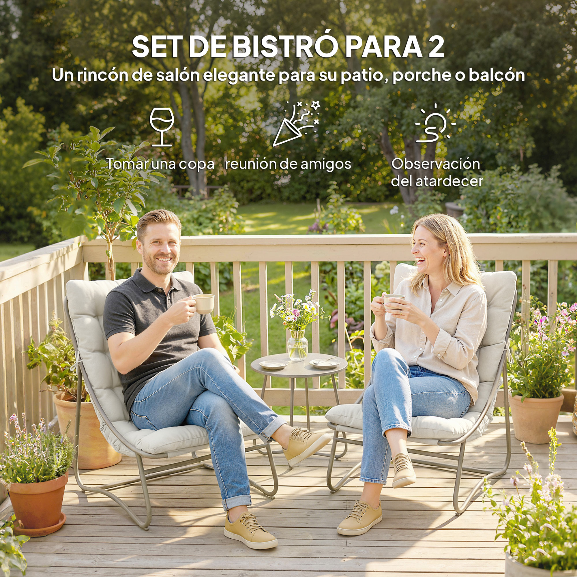 Conjunto de Mesa y Sillas de Terraza Exterior de 3 Piezas, Muebles de Jardín Exterior con Cojines, 2 Sillas Lounge Transpirable, Mesa de Café y Marco de Acero, para Patio, Balcón, Gris Claro