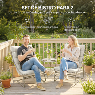 Conjunto de Mesa y Sillas de Terraza Exterior de 3 Piezas, Muebles de Jardín Exterior con Cojines, 2 Sillas Lounge Transpirable, Mesa de Café y Marco de Acero, para Patio, Balcón, Gris Claro
