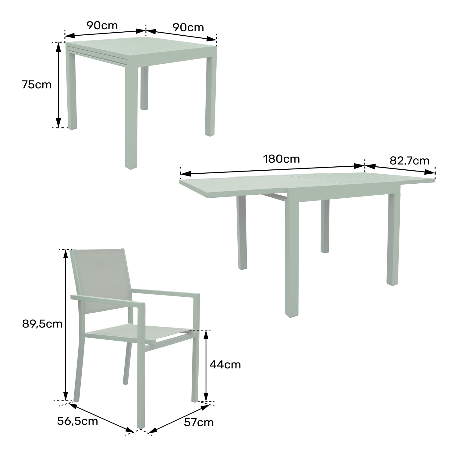 Salon de jardin VENEZIA extensible 90/180 en textilène vert sauge 8 places - aluminium vert sauge