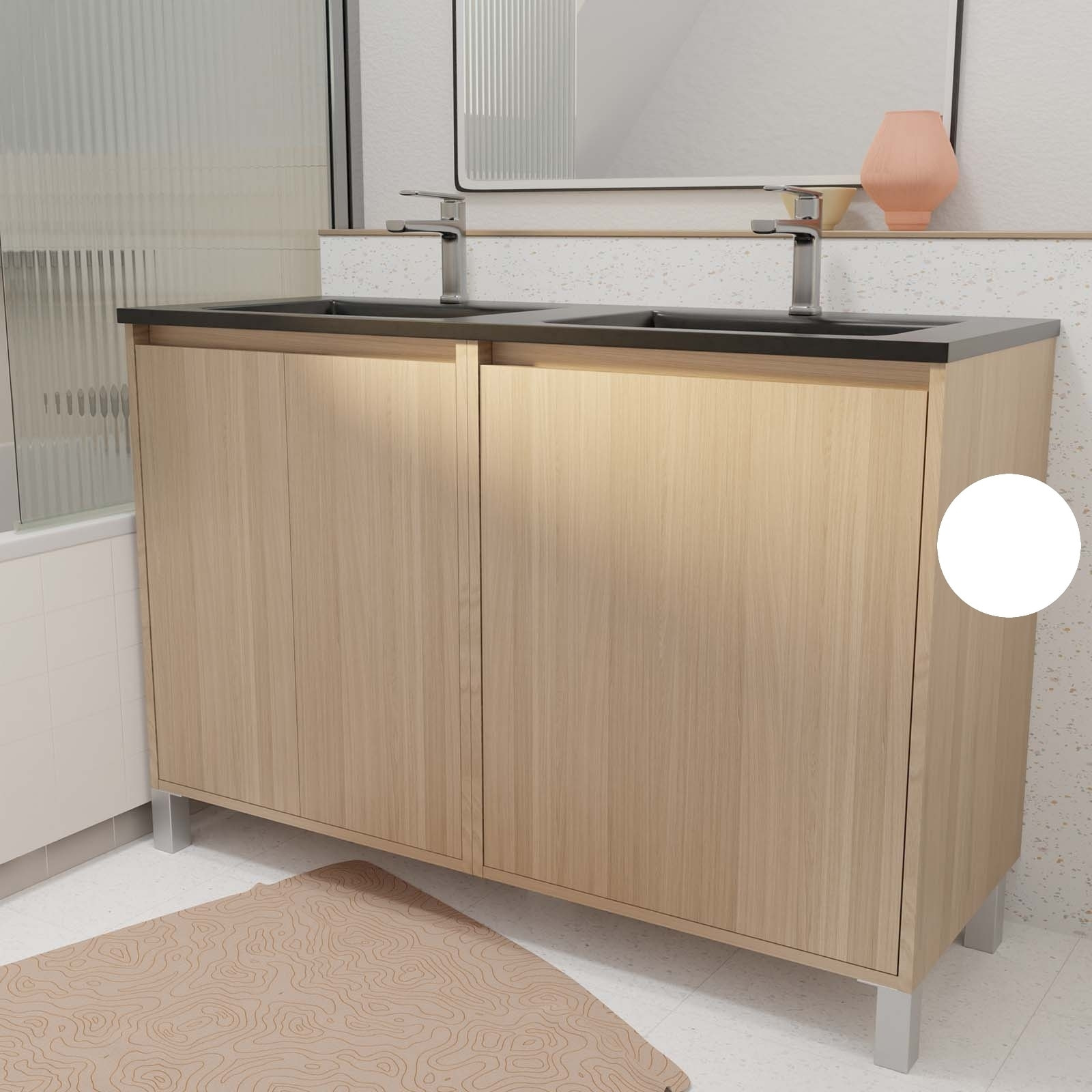 Meuble de salle de bains 120 cm 4 Portes Chêne Clair + Vasque Double Céramique Noire - XENOS