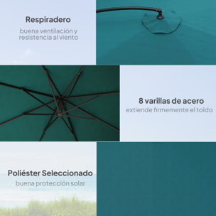 Parasol Excéntrico Ø 295 cm Sombrilla de Jardín con Ángulo Ajustable Mosquiteras Base Cruzada y Manivela para Terraza Patio Exterior Verde Oscuro