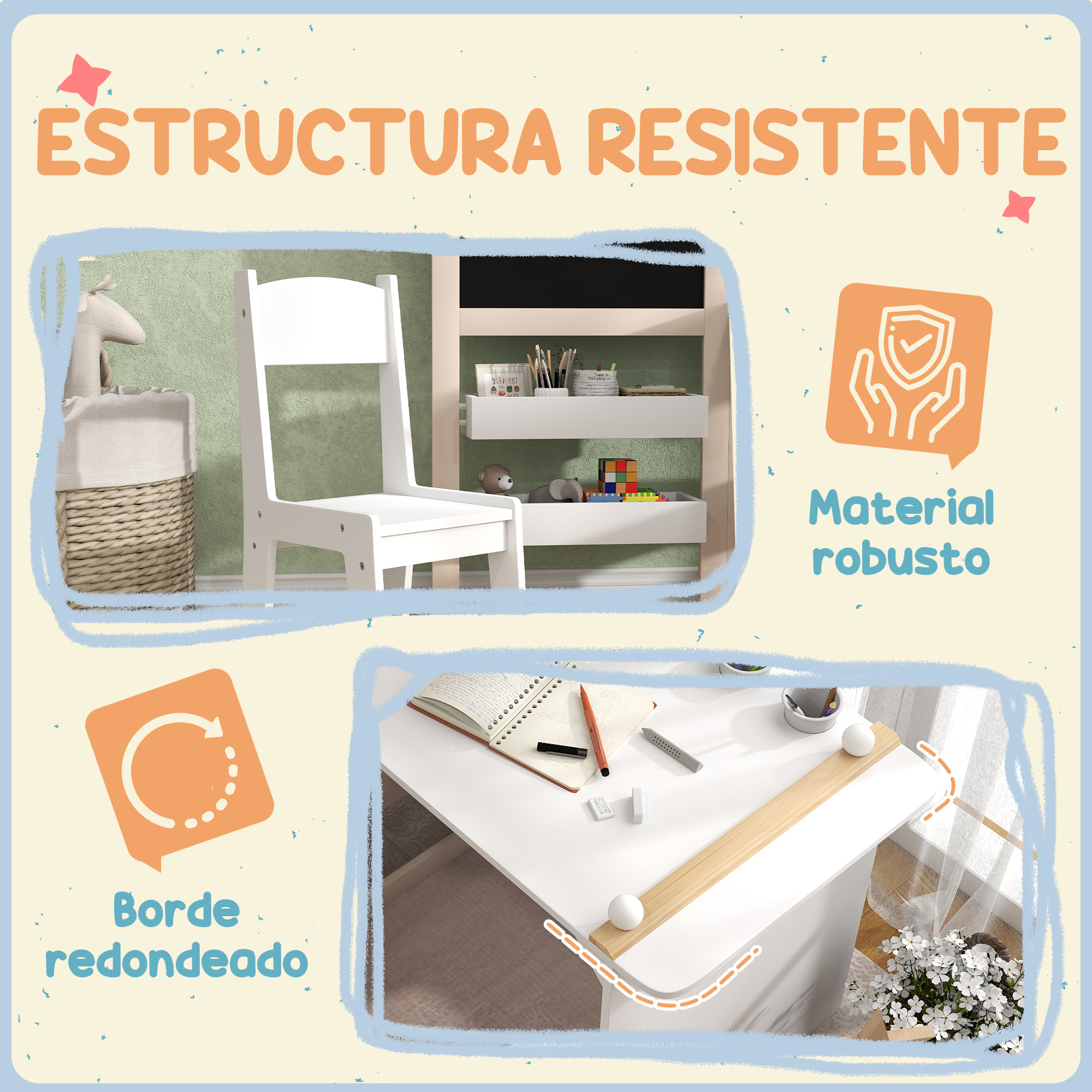 Mesa y Silla Infantil de 2 Piezas Mesa Infantil con Silla y Caballete Plegable Mesa para Niños de +3 Años con Estantes y Rollo de Papel para Dormitorio Sala de Juegos Blanco