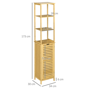 Meuble colonne rangement salle de bain style cosy dim. 34L x 30l x 173H cm porte à lattes 3 étagères bambou MDF aspect bois clair