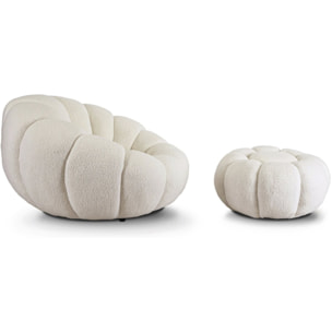 Fauteuil avec pouf style bubble en tissu bouclette "Élysée" - Crème
