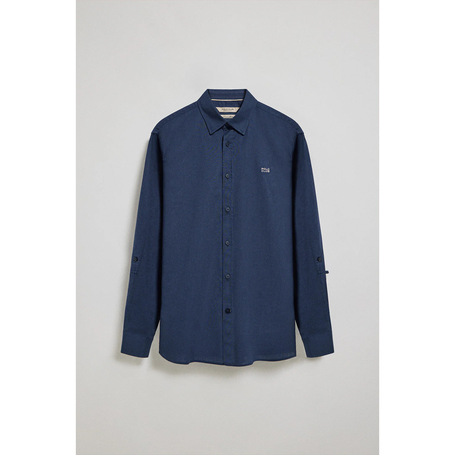 Camicia blu marino in lino-cotone regular fit con logo ricamato