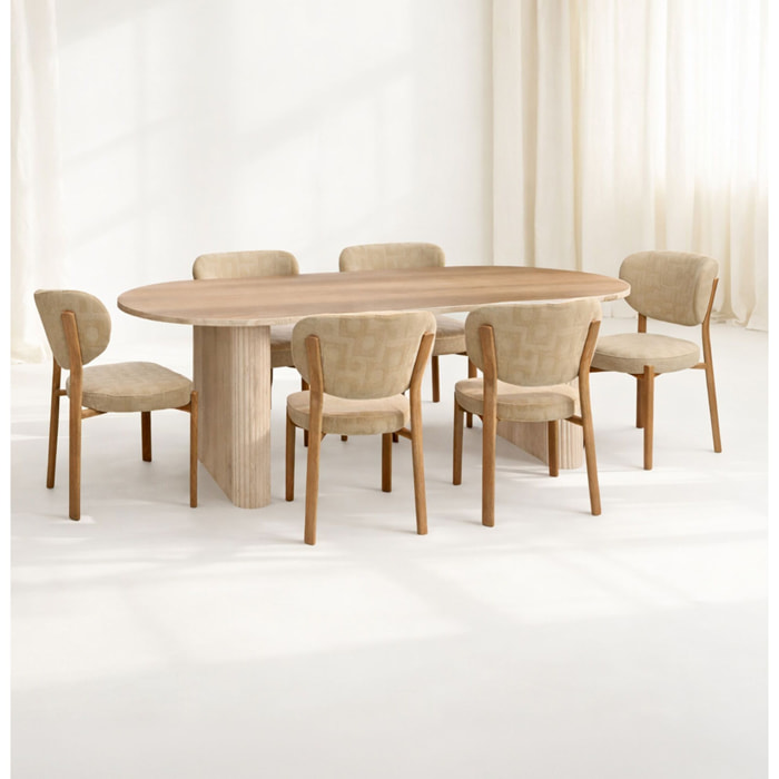 Ensemble table ovale effet bois 220cm et 6 chaises en tissu beige SUZIE