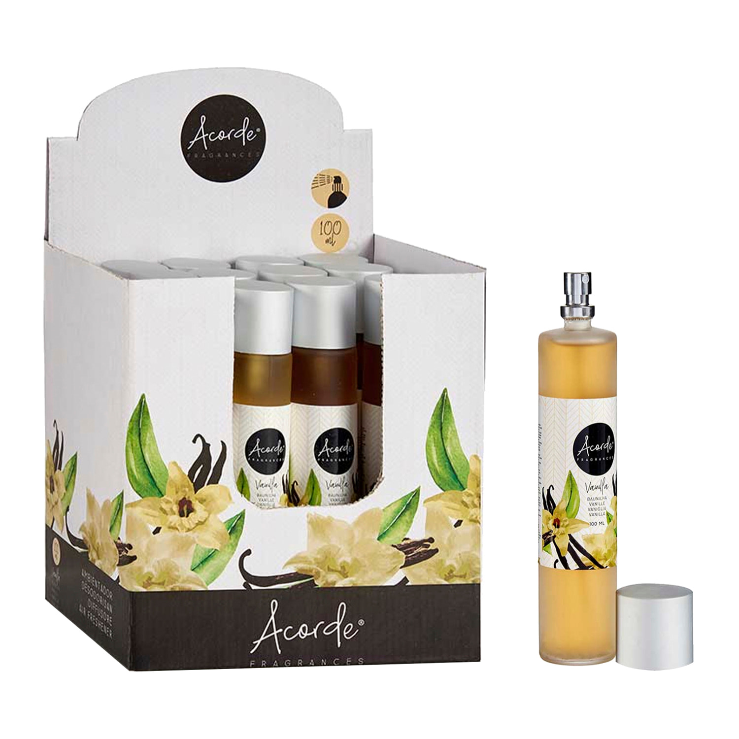 Pack 12 ambientadores de spray de 100ml con aroma a vainilla.