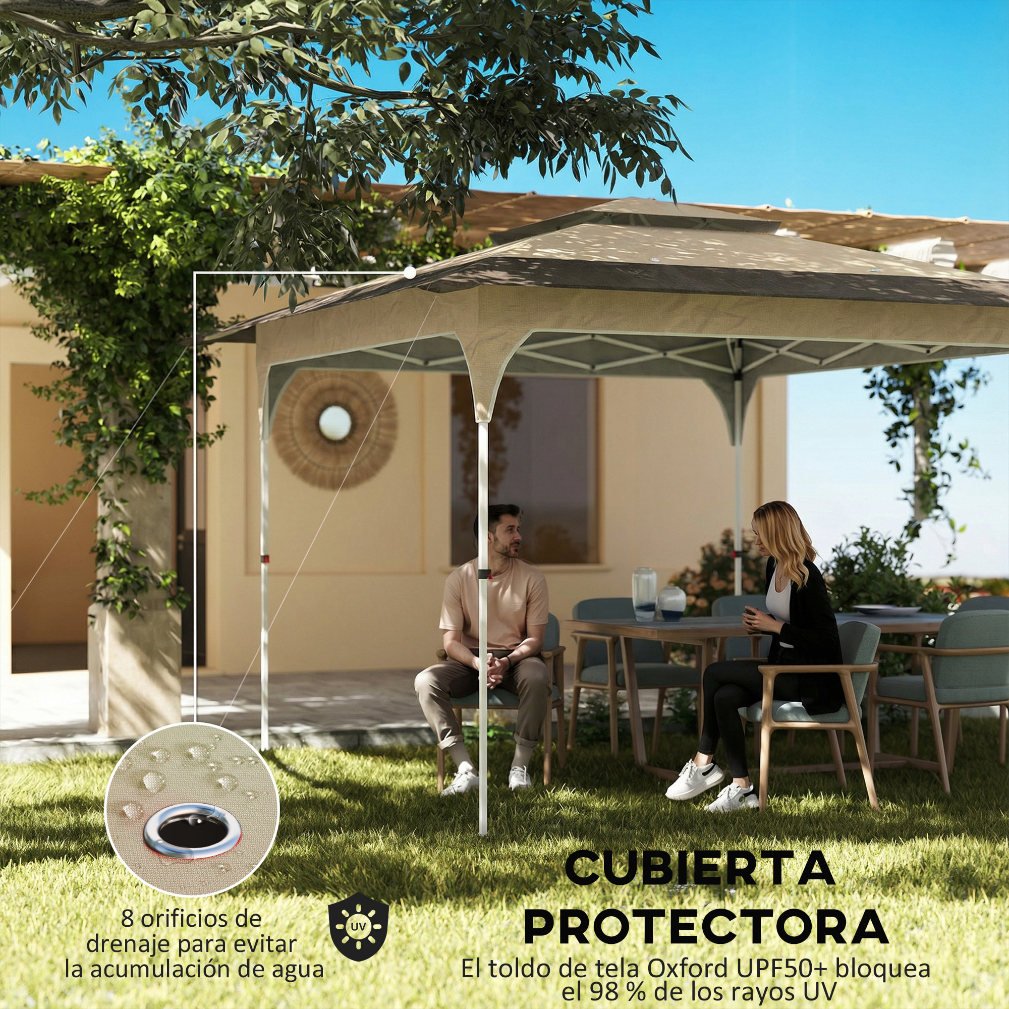 Carpa Plegable 3,5x3,5 m, Pop-up, Cenador Pabellón de Jardín con Doble Techo, Cierre Central, UPF50+, Altura Ajustable de 3 Niveles y Bolsa de Transporte, Gazebo para Fiestas, Exterior, Caqui