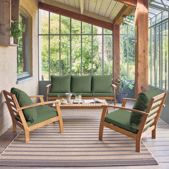 Salon de jardin USHUAIA 5 places kaki en bois d'acacia. un canapé. une table. deux fauteuils