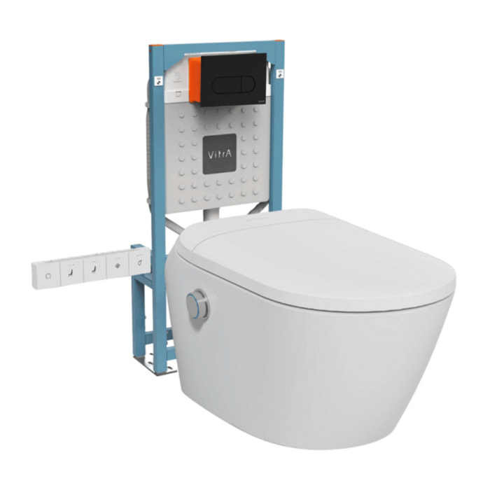 Pack WC lavant suspendu sans bride avec abattant et attentes électriques V-Care Ultra blanc + bâti autoportant V-Fix Easy + plaque noir mat
