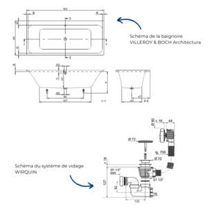 Baignoire droite 180 x 80 VILLEROY & BOCH Architectura + Vidage de baignoire WIRQUIN blanc