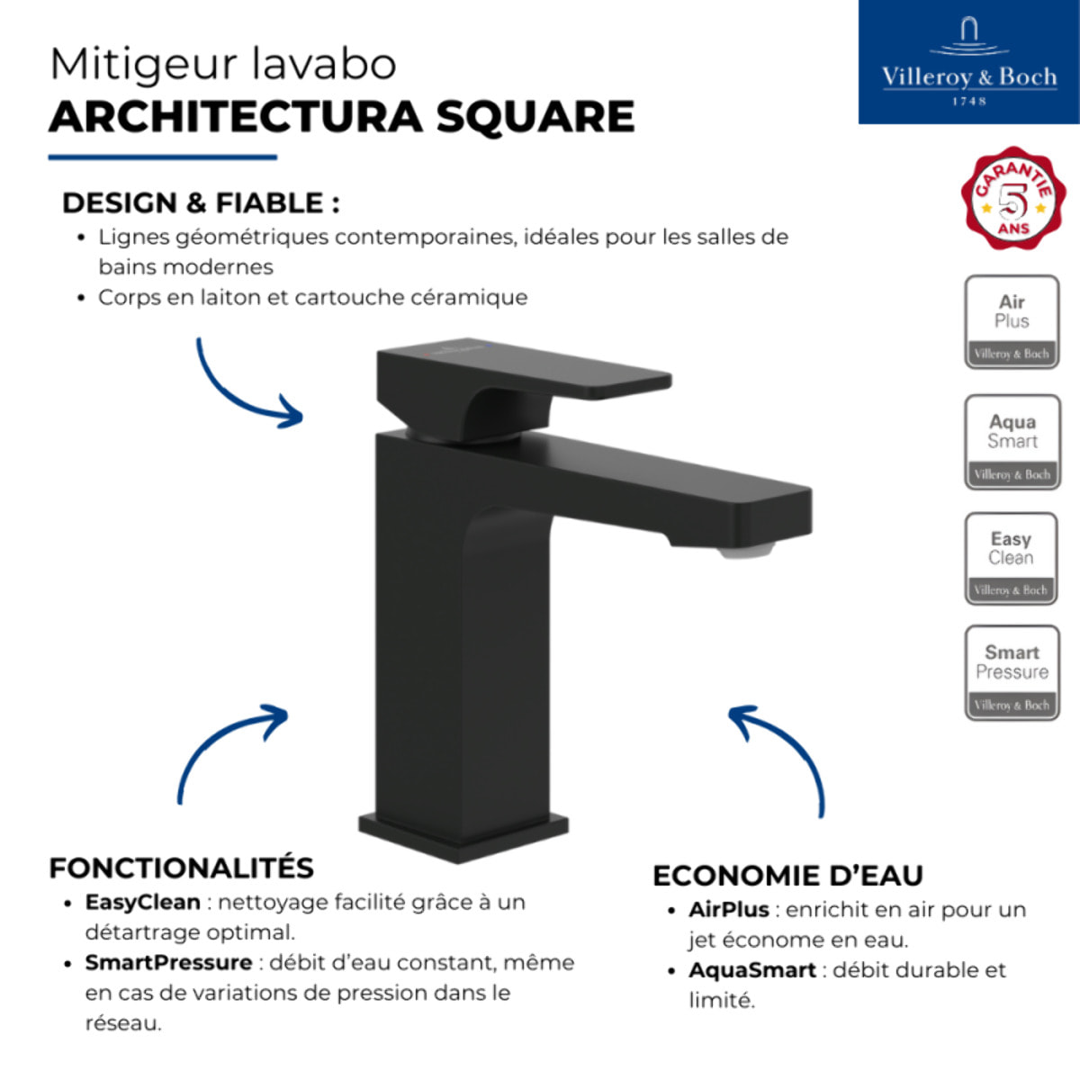 Mitigeur lavabo VILLEROY ET BOCH Architectura Square sans tirette