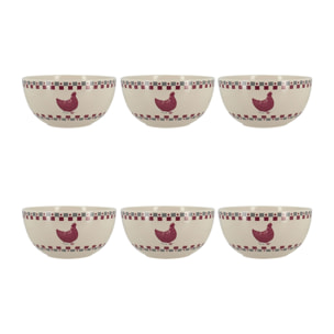 Lot de 6 bols 55cl en grès avec imprimé poule GALLINA