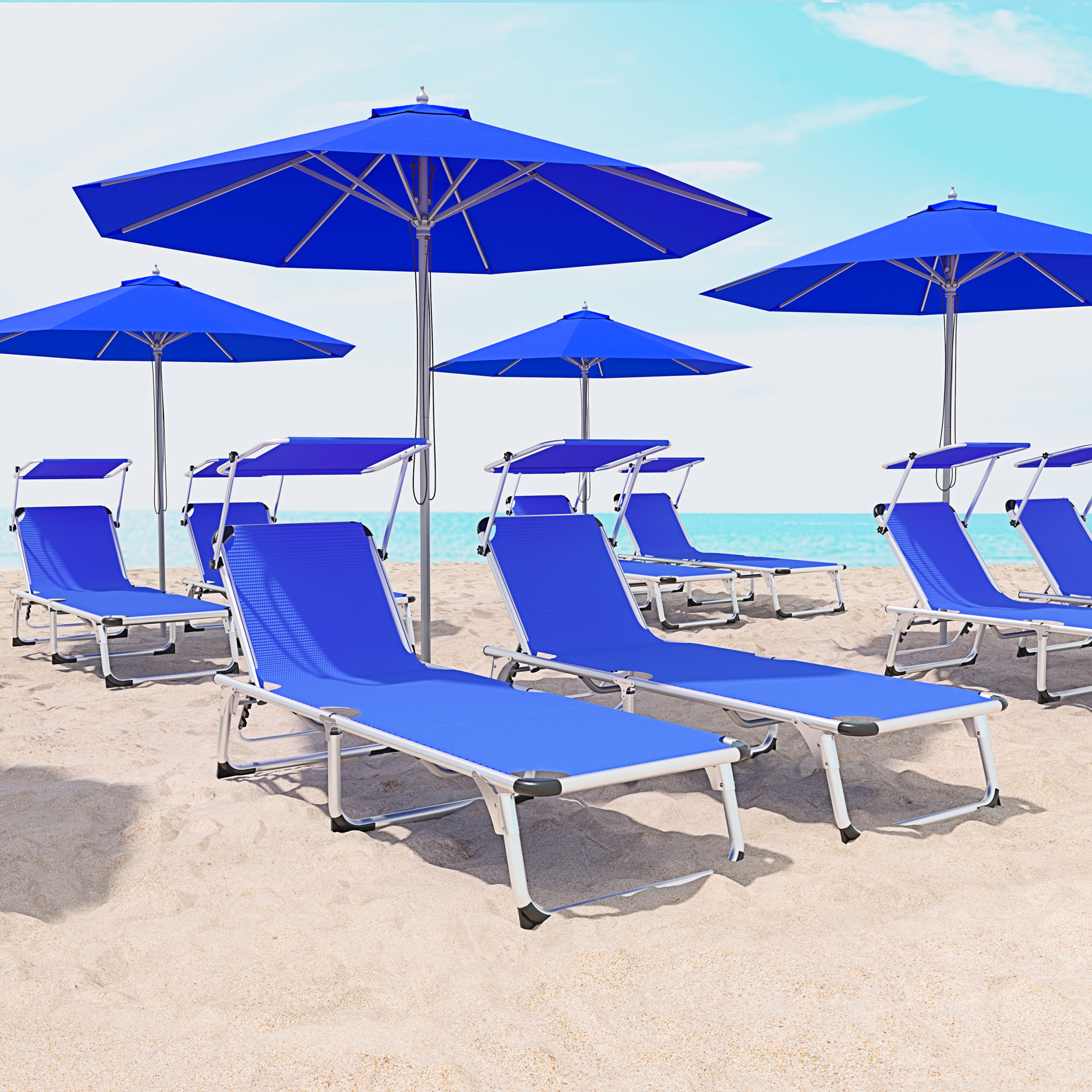 Coppia Di Lettini Pieghevoli Prendisole Tettuccio Parasole Schienale Regolabile In Alluminio Sdraio Spiaggia Mare Giardino Piscina 187x59x29 Cm Blu