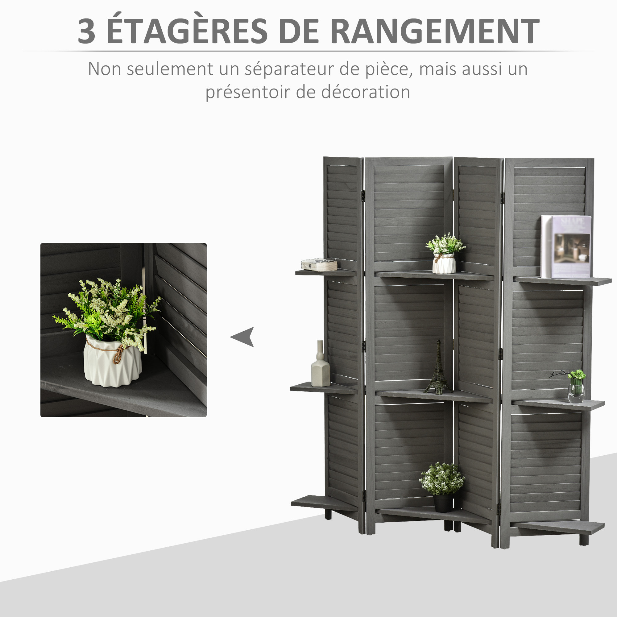 Paravent intérieur 4 panneaux 3 étagères pliables séparateur de pièce portes persiennes bois de paulownia gris