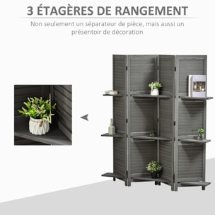 Paravent intérieur 4 panneaux 3 étagères pliables séparateur de pièce portes persiennes bois de paulownia gris