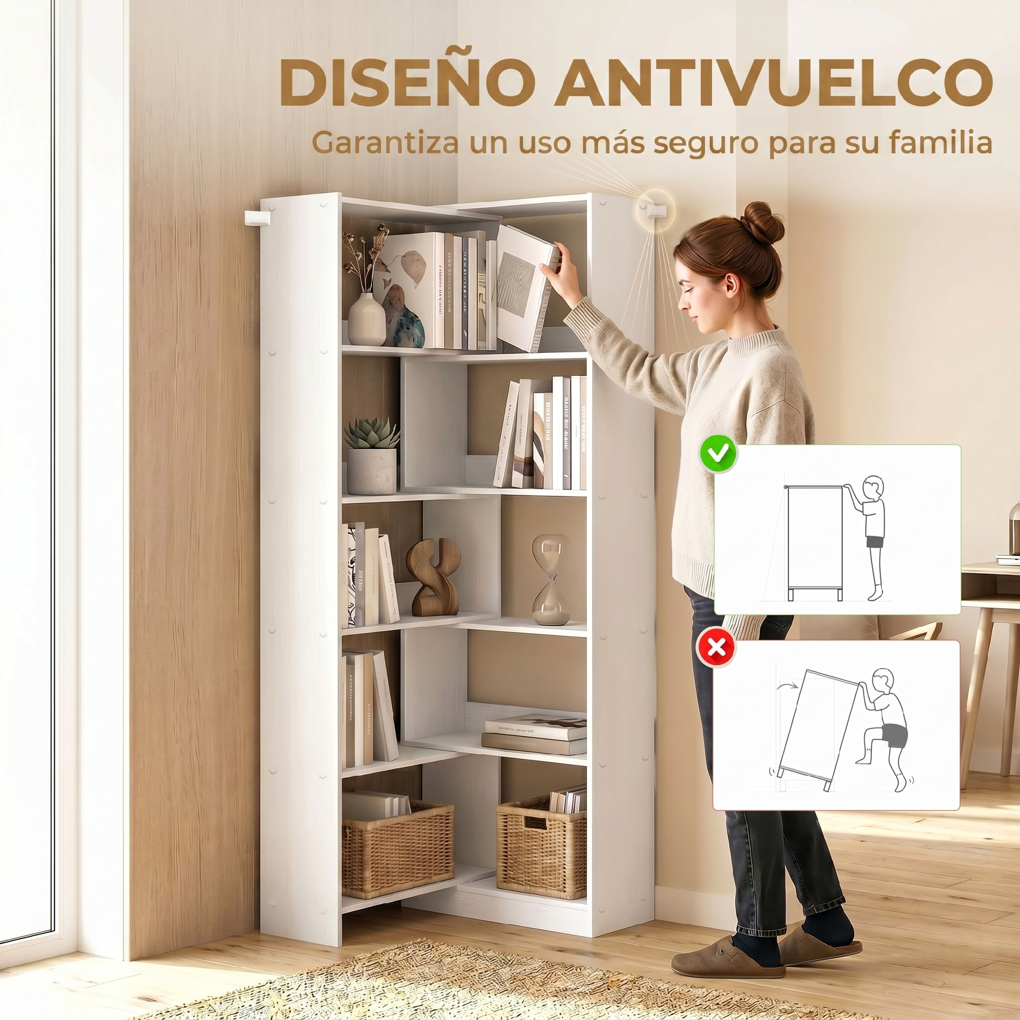 Estantería Expandible 5 Niveles, Librería para Libros Giratoria 350°, Ancho Ajustable, Convertible en en L, Recta o Compacta para Salón, Dormitorio, Estudio 111,5x23,8x163,7 cm Blanco