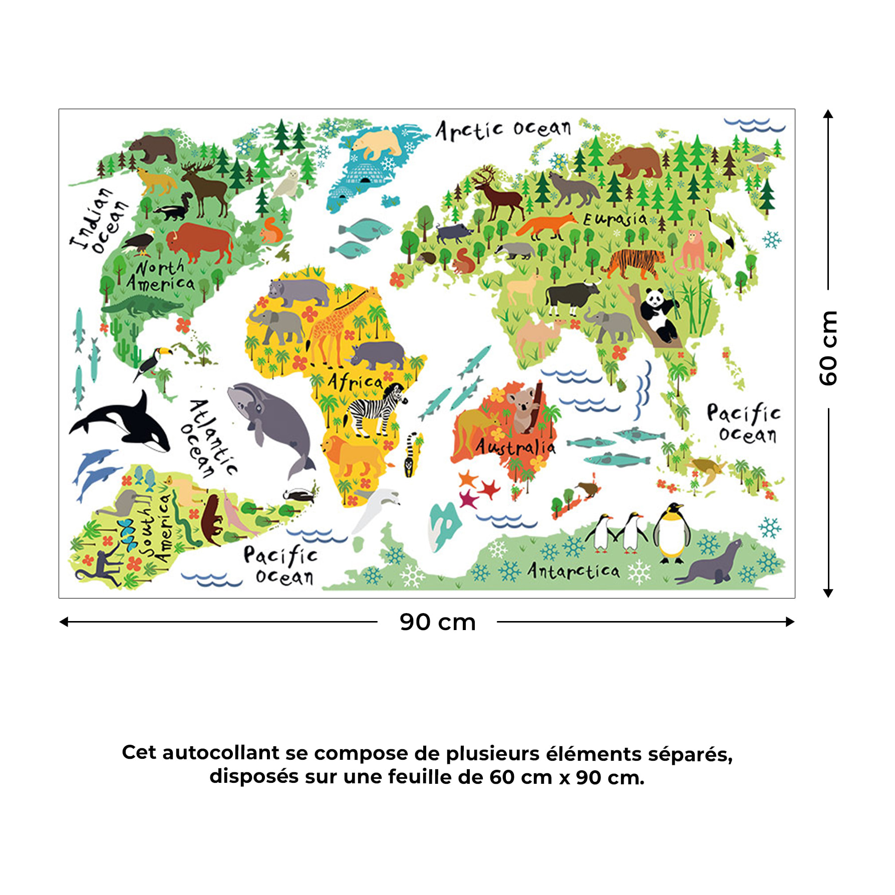 Stickers Muraux décoration adhésifs carte du monde pour enfants animaux du monde