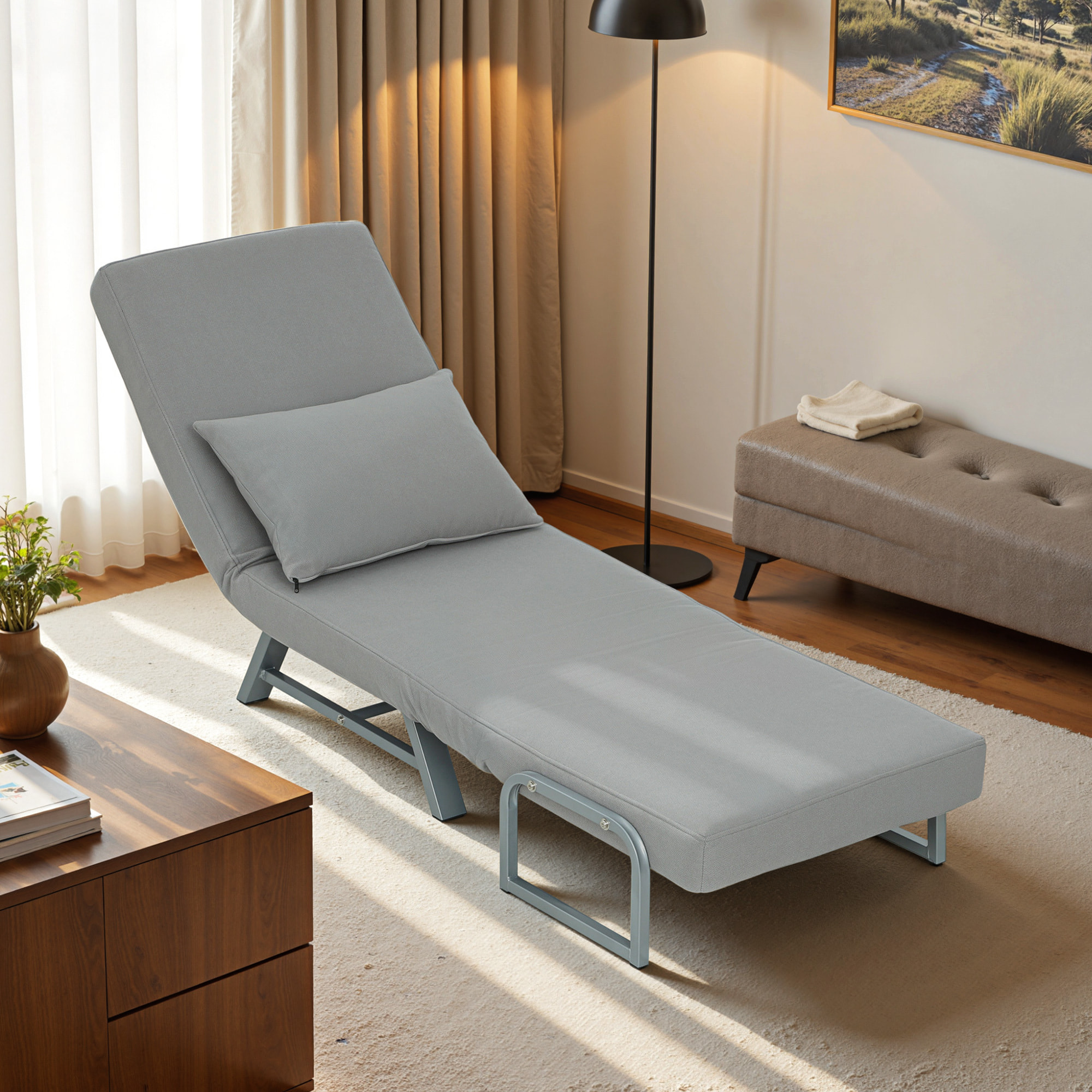 Fauteuil chauffeuse convertible inclinable coussin lombaires accoudoirs piètement métal lin gris clair