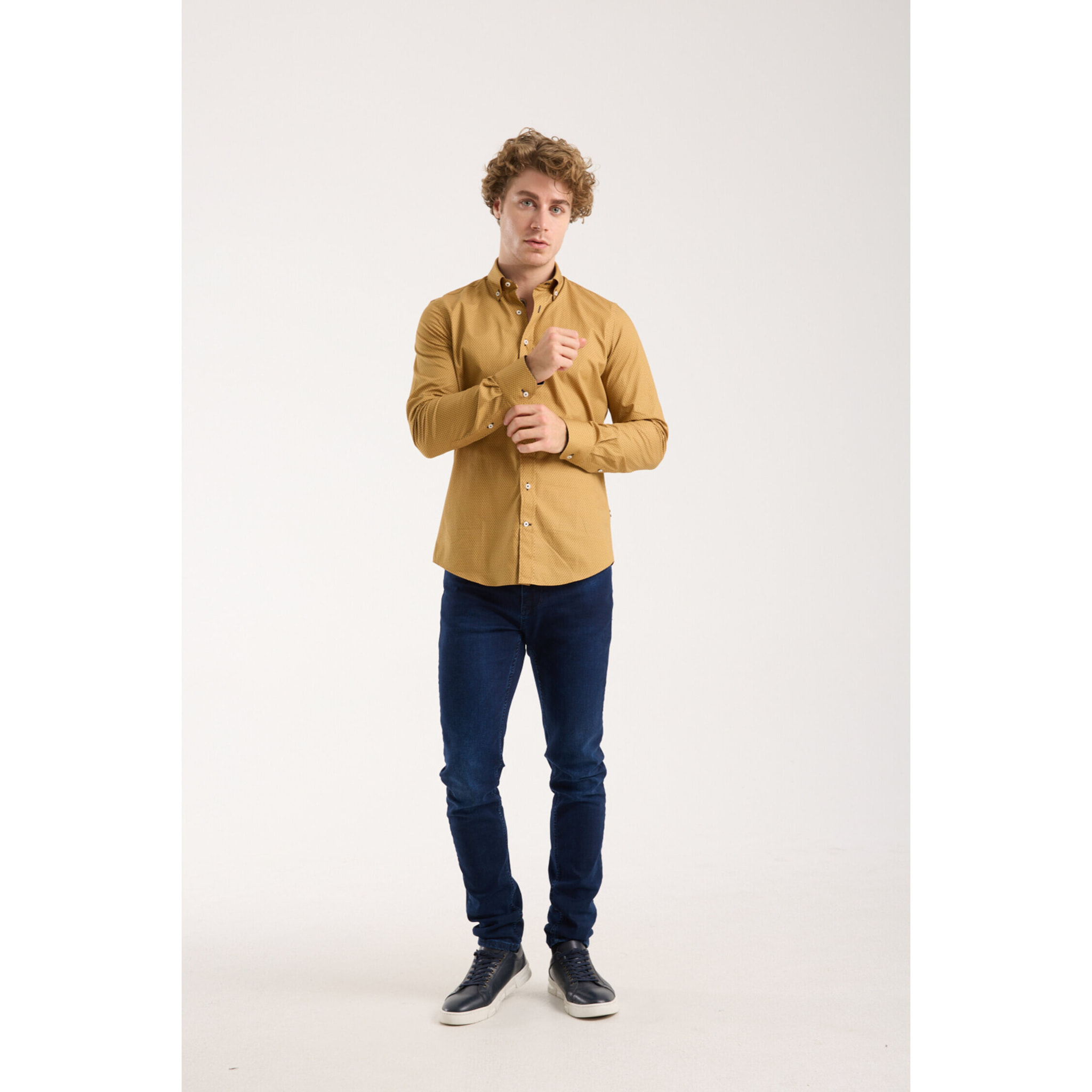 camicia uomo 1 bottone button down slim Cotone Stampato Fantasia Senape e Grigio Scuro