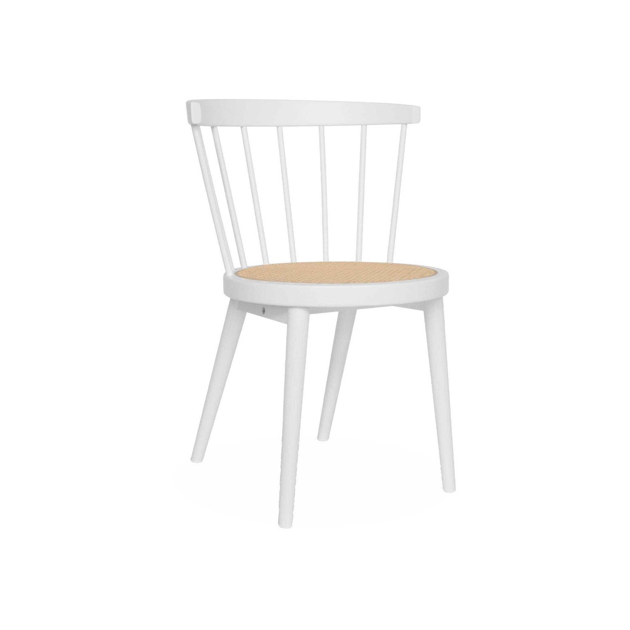 Lot de 4 chaises blanches en bois et cannage. Nora. L 53 x P 53.5 x H 76cm