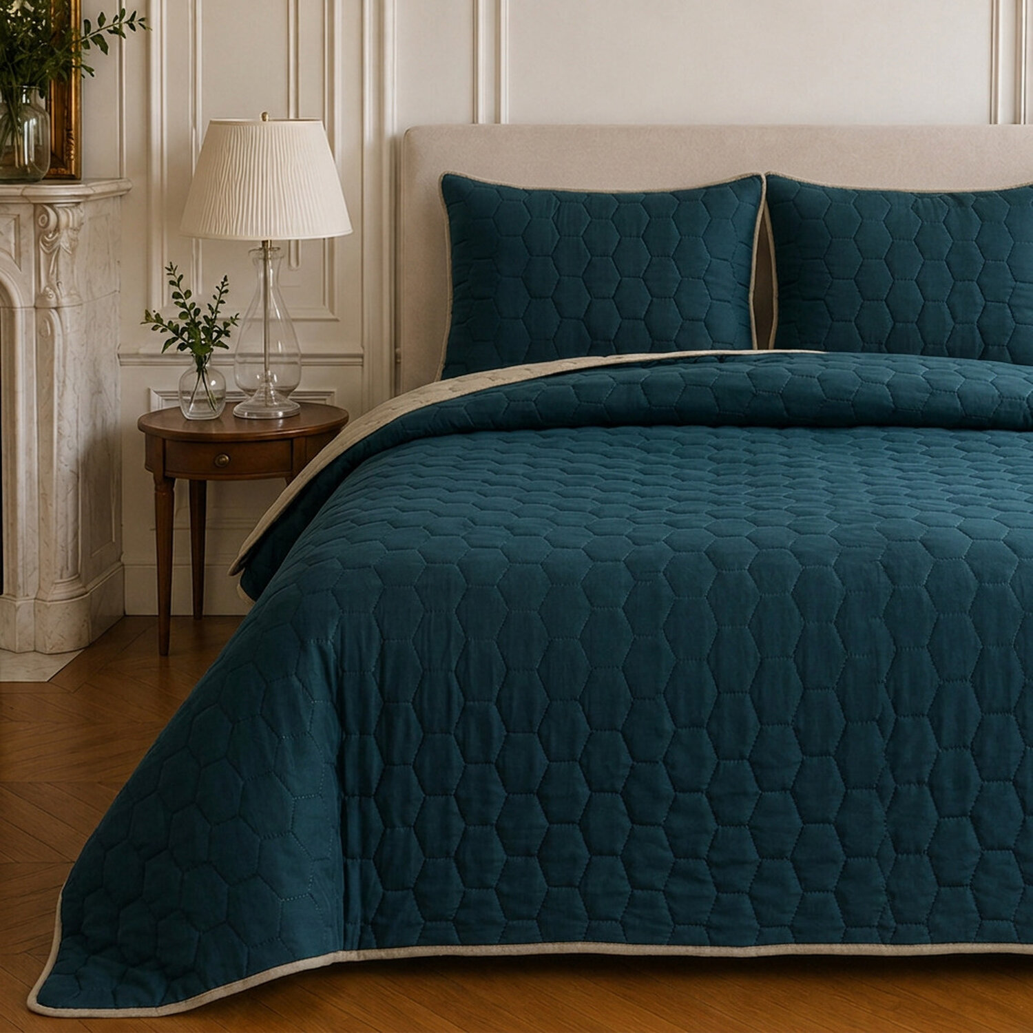 Couvre-lit matelassé réversible 100% polyester bicolore bleu marine - NAZIM
