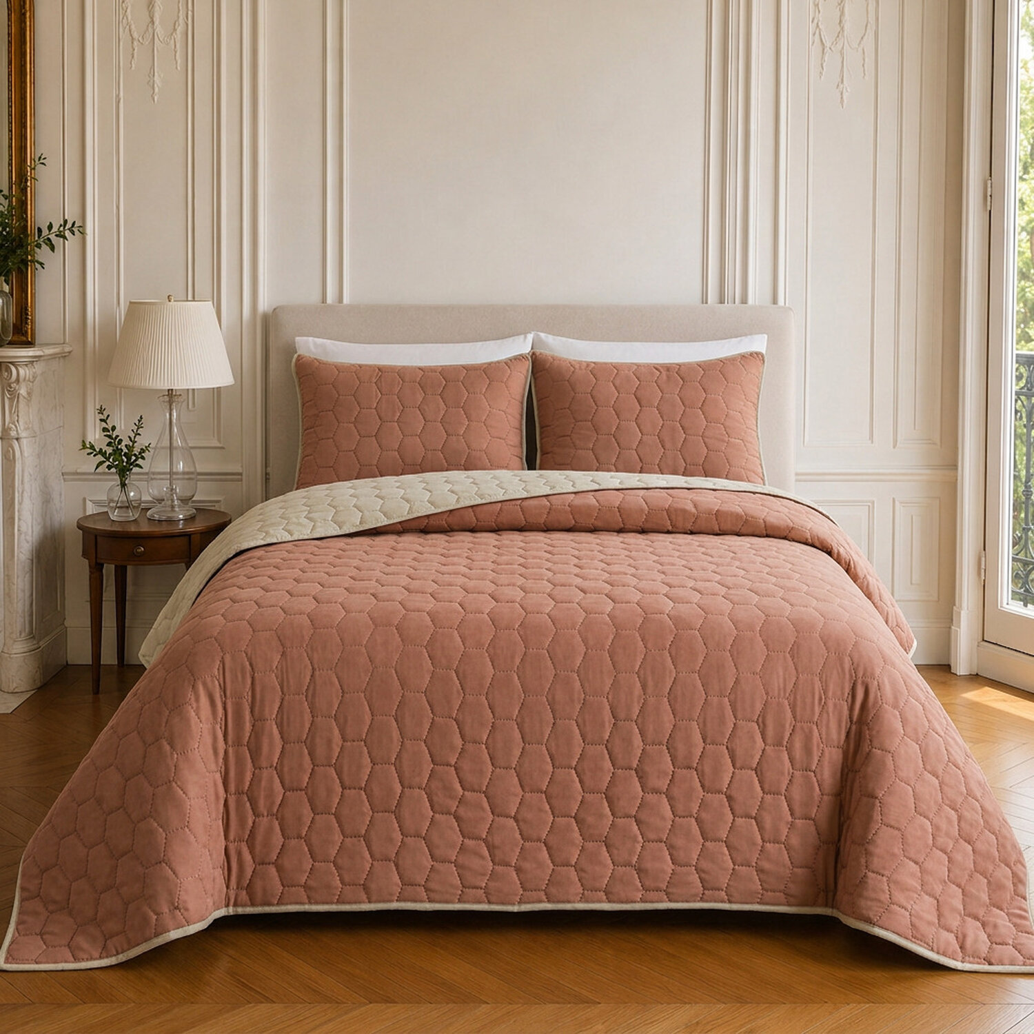 Couvre-lit matelassé réversible 100% polyester bicolore rose - NAZIM